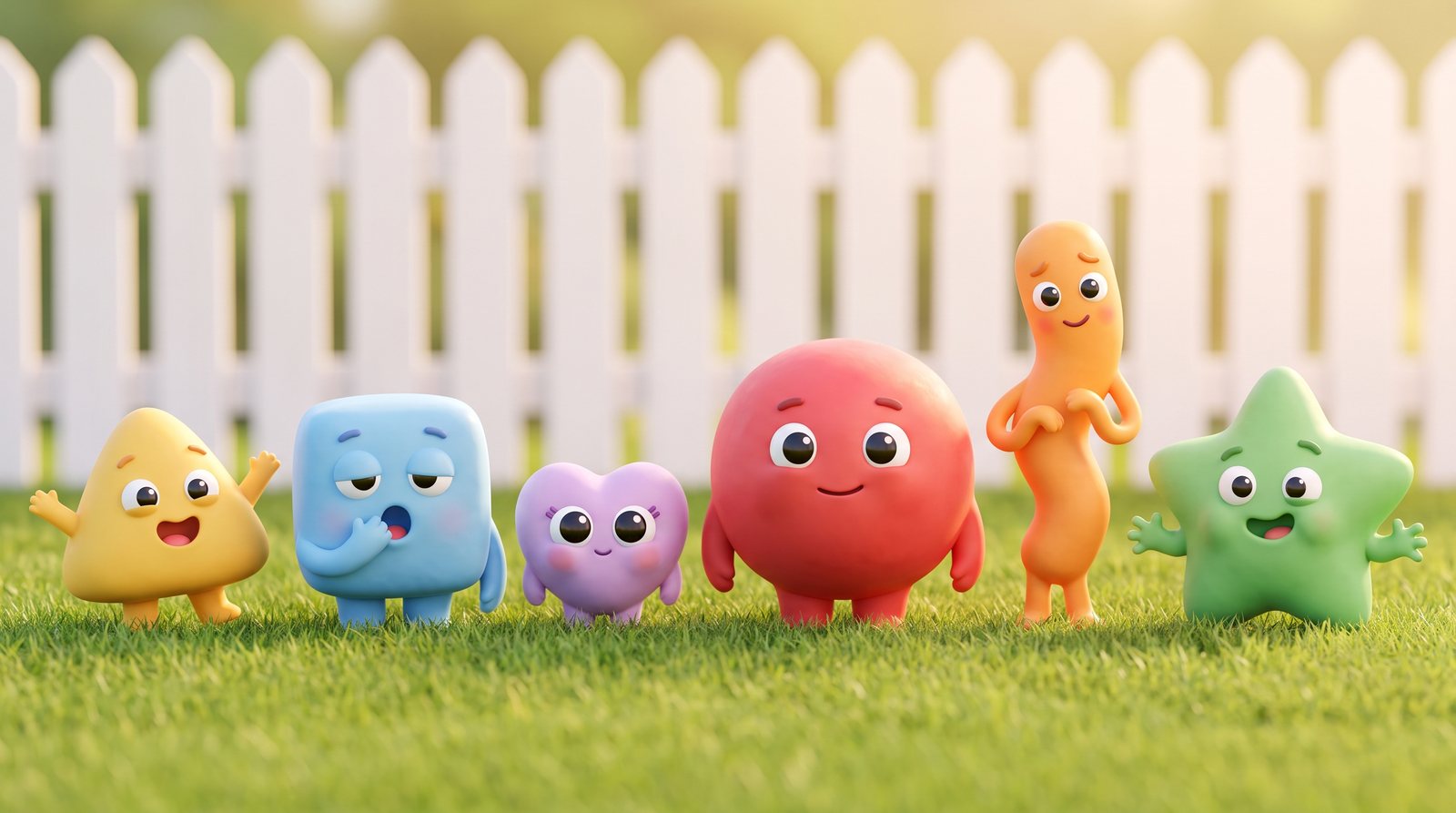 The six Gumbloos standing in a sunny backyard: Tweela, Glubb, Puff, Boomba, Mo and Zizzy